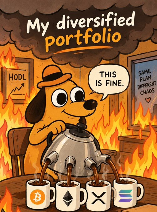 A cartoon illustration titled 'My diversified portfolio' showing a dog sipping from a teapot pouring into four mugs labeled with Bitcoin, Ethereum, XRP, and Solana logos, while the room burns around it, saying 'THIS IS FINE.'