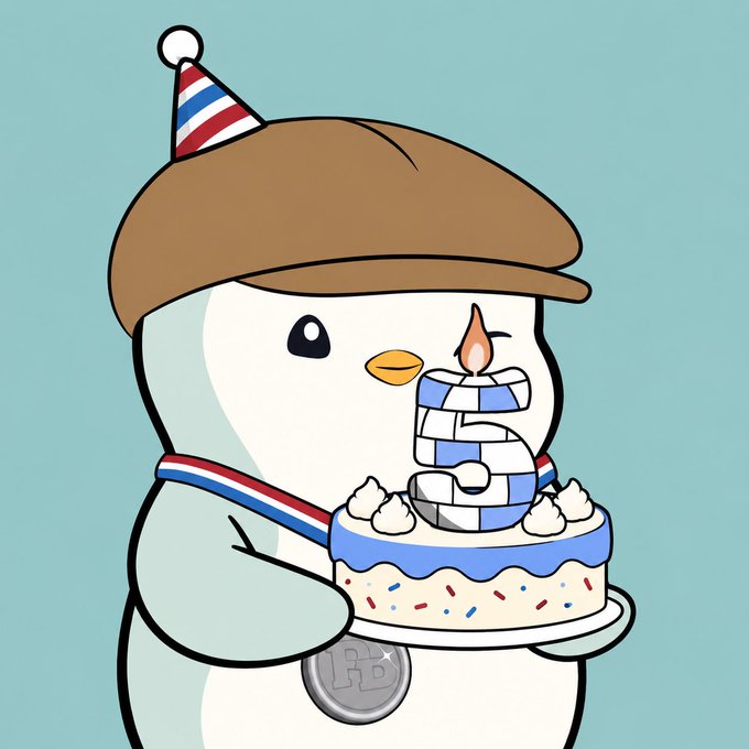 A cartoon penguin mascot wearing a party hat and cap holds a birthday cake decorated with a large number '5' candle, featuring a 'P3' medallion around its neck, likely for Pudgy Penguins' 5th anniversary.