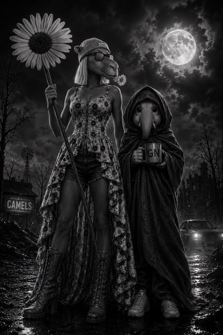 A black and white surreal artwork depicting a woman with a horse-like face holding a giant daisy next to a cloaked elephant-headed figure holding a mug labeled 'GN', under a full moon near a sign reading 'CAMELS'.