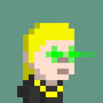 Pixel art portrait of a character with blonde hair, green pixelated sunglasses, and a black shirt against a teal background.