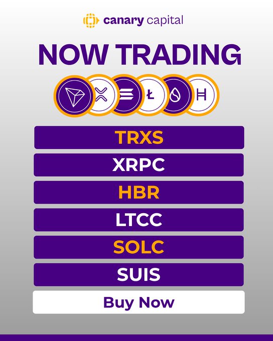 A graphic for Canary Capital titled 'NOW TRADING' listing cryptocurrencies TRXS, XRPC, HBR, LTCC, SOLC, and SUIS, with a 'Buy Now' button at the bottom.