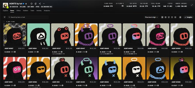 The image shows an NFT marketplace listing page for the "AGNTS by fud" collection on OpenSea, displaying 16 hooded character NFTs (Agent #5687, #5695, #5517, #5547, #5548, #5566, #5562, #5699, #5670, #5694, #5695, #5696, #5698, #5698, #5598) priced at 0.0155 ETH each, with a total volume of 23.85 ETH. The caption reflects a listing where AGNTS floor prices have recently fluctuated between 0.002 and 0.024 ETH, currently settling at 0.016 ETH.