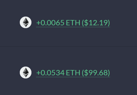 A dark-themed interface showing two Ethereum (ETH) earnings amounts, '+0.0065 ETH ($12.19)' and '+0.0534 ETH ($99.68)', displayed next to the ETH logo.