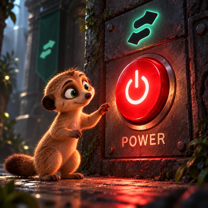 A digitally rendered cartoon meerkat stands on its hind legs, reaching toward a glowing red 'POWER' button mounted on a stone wall.