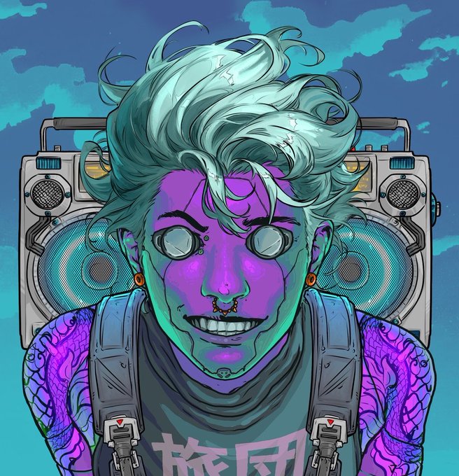 A vibrant digital illustration of a purple-skinned character with wild teal hair, round blank eyes, and tattoos, holding a boombox against a blue sky.