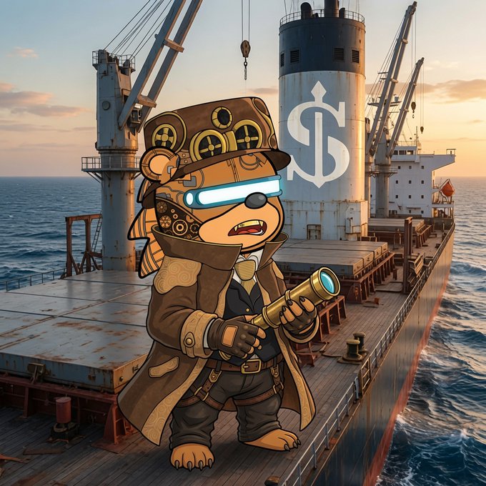 A stylized illustration of a bear wearing a steampunk top hat with goggles and a trench coat, holding a telescope on the deck of a large ship at sunset.