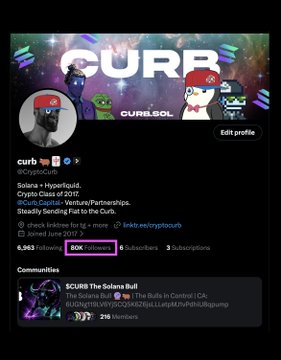 The image shows a YouTube channel profile for "curb" (@CryptoCurB) featuring a cover banner with "CURB" text and a Pepe-style frog wearing a red cap, along with a profile picture of a similar character. The channel displays 80K subscribers, 4,983 videos, and mentions Solana, Hypnotiquid, and "Crypto Class of 2021," aligning with the celebratory post reaching 80,000 followers and referencing #SOLANA.
