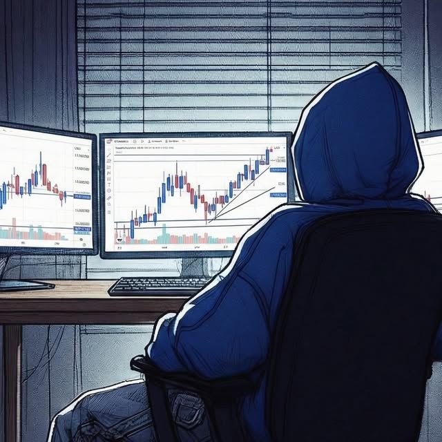 An illustrated scene showing a hooded figure sitting in a chair at a desk, facing two computer monitors displaying candlestick stock market charts.