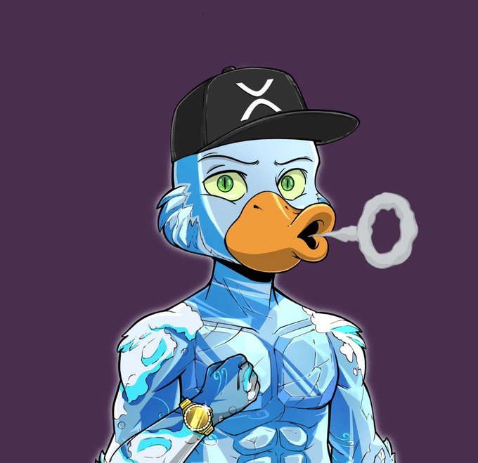 A digital illustration of an anthropomorphic blue duck character wearing a black cap with a white X logo, an orange beak, green eyes, and a muscular water-textured body, blowing a smoke ring against a purple background.
