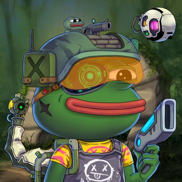 A cartoon-style NFT character of a green frog wearing a military helmet with tactical gear, yellow visor goggles with a targeting reticle, and holding a futuristic weapon, accompanied by a small floating white robot companion.