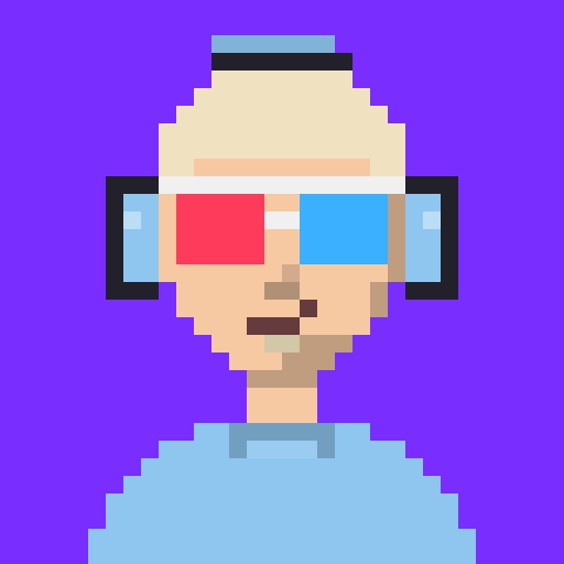 A pixel art portrait of a bald character wearing red/blue 3D glasses and large blue headphones against a purple background, serving as a stylized avatar for the INKHUMAN NFT mint announcement on OpenSea.