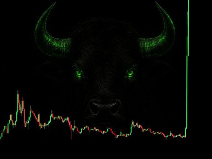 A dark, stylized image of a bull's head with glowing green eyes and horns, overlaid with a red and green stock market chart showing a dramatic rise and fall.