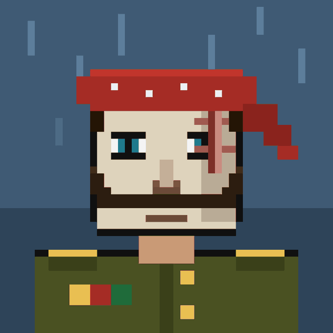 A pixel art illustration depicts a bearded character wearing a red bandana and a green military-style uniform against a dark blue background with vertical lines.