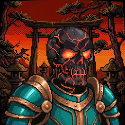 Pixel art style portrait of a skeletal warrior with a cracked skull revealing glowing magma within, wearing teal and gold armor against a red Japanese torii gate background.