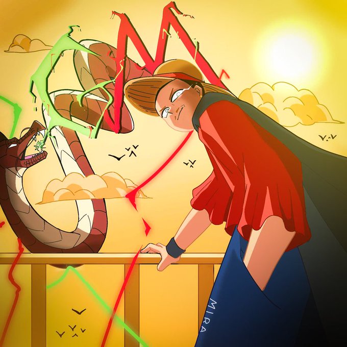 Digital illustration of a character wearing a straw hat, red shirt and green cape fighting a serpentine dragon, with green and red energy effects, signed 'MIRA' in the corner.
