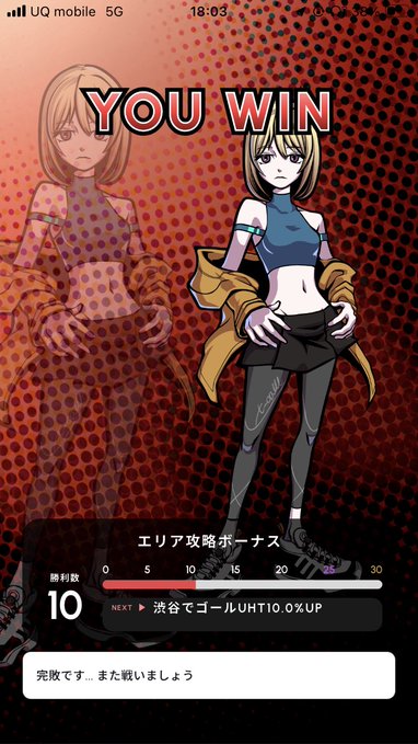 A mobile game screenshot showing a 'YOU WIN' victory screen with an anime-style female character, Japanese text indicating an area conquest bonus, and 'Shibuya Goal UHT10.0%UP' as the next objective.