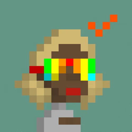A blocky, pixelated abstract face made of yellow, brown, green, and red squares on a solid teal background.