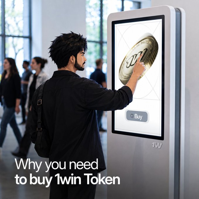An advertisement featuring a man touching a gold '1win' coin on a digital kiosk, with the text 'Why you need to buy 1win Token' overlaid on a public space background.