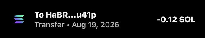 A Solscan transaction record shows a transfer of 0.12 SOL sent to the wallet address "HaBR...u41p" on August 19, 2026, illustrating the sender's casual tip accompanying their message about more winners to come.