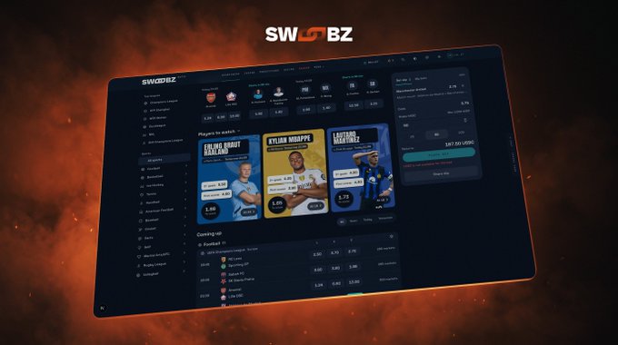 A floating tablet screen displays the SWOOBZ sportsbook interface against a fiery orange backdrop, featuring betting markets for upcoming football matches including Brentford vs Crystal Palace, Fulham vs Liverpool, and Leicester vs Manchester City, along with live odds, an upcoming games list, and betting slip functionality that consolidates multiple betting features into a single dashboard.