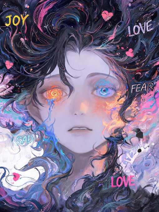 A digital painting of a pale-skinned woman's face surrounded by swirling dark hair features words like "JOY," "LOVE," "FEAR," and "SAD" scattered around her in different colors. One of her eyes is depicted as a glowing orange spiral with blue liquid dripping from it.