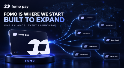 The image promotes "fomo pay" with the tagline "FOMO IS WHERE WE START, BUILT TO EXPAND — ONE BALANCE. EVERY LAUNCHPAD," visually depicting a single Fomo Pay card branching out to connect with multiple "Launchpad" nodes, illustrating the company's goal of expanding their payment technology beyond their own platform to integrate with various launchpads.