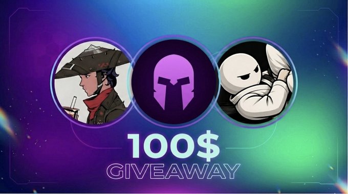 The image features an advertisement for a contest, with three different characters depicted against a purple background. The first character is wearing a hat and holding a cup of coffee, while the second character has a helmet and is also holding a cup of coffee. The third character is dressed in a white shirt and is holding a cup of tea. The text on the image reads "100$ GIVEAWAY" and "72 Like & RT This Post Follow: @KontonNFT @trench_royale @gogoplatanow We're giving away a total of 100 USDC to 5 friends."