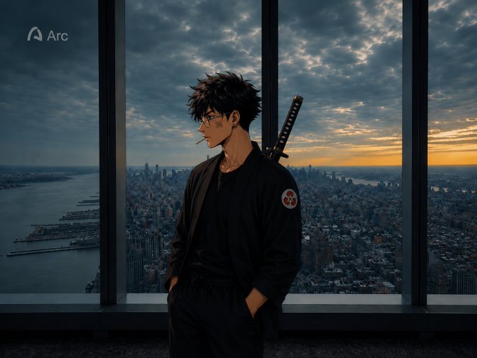 An anime-style illustration of a young man with messy dark hair, glasses, and a sword strapped to his back, standing before a large window overlooking a city skyline at dusk, with the 'Arc' logo in the top left corner.