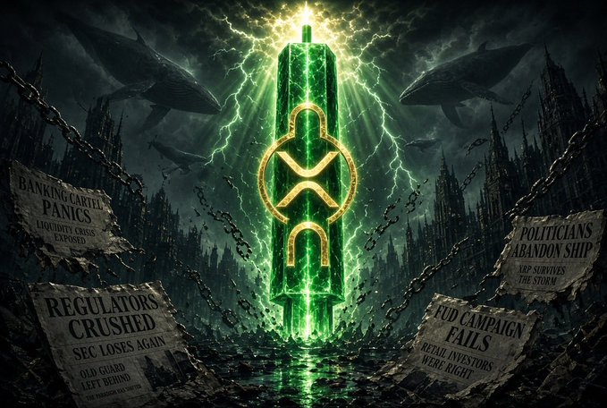 A glowing green XRP emblem surges upward amid stormy seas, flanked by whales looming in the clouds and surrounded by newspaper headlines reading "Banking Cartel Panics," "Regulators Crushed," "Politicians Abandon Ship," and "EUD Campaign Fails." The image visualizes the post's claim that whales have suppressed XRP's price, but a looming regulatory reckoning will strip them of that power.