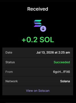 A screenshot of a successful Solana transaction showing a "Received" status of +0.2 SOL on Jul 13, 2026 at 2:25 am from the address 6qcH...tFX6, which corresponds to the purchase of 2 million $RBULL tokens as described in the accompanying presale announcement.