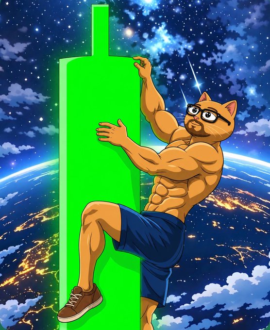 A muscular cat-like character wearing glasses and blue shorts climbs a tall green pillar against a backdrop of Earth and a starry sky.