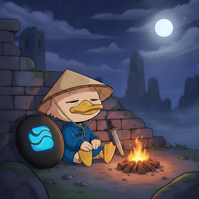 The image features a cartoon duck sitting by a campfire with a sword nearby. The scene takes place at night, giving an impression of a dark and mysterious atmosphere. The duck appears to be resting or sleeping while holding its sword near the fire. The background includes a castle-like structure, suggesting that they are in a medieval setting. The image also contains text that reads "Good night fam Feels like the real builders always show themselves during the quieter phases of the market. While most people keep staring at short-term candles, @RiverdotInc has just been expanding satUSD across more and more DeFi protocols in the background". This text seems to be related to the image's theme or context, possibly indicating a connection between the scene depicted and the world of cryptocurrency or finance.