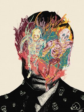 A vibrant, colorful mixed-media artwork featuring a silhouetted figure in a patterned suit, with energetic splashes of red, pink, blue, and yellow depicting skeletal figures across the head area.