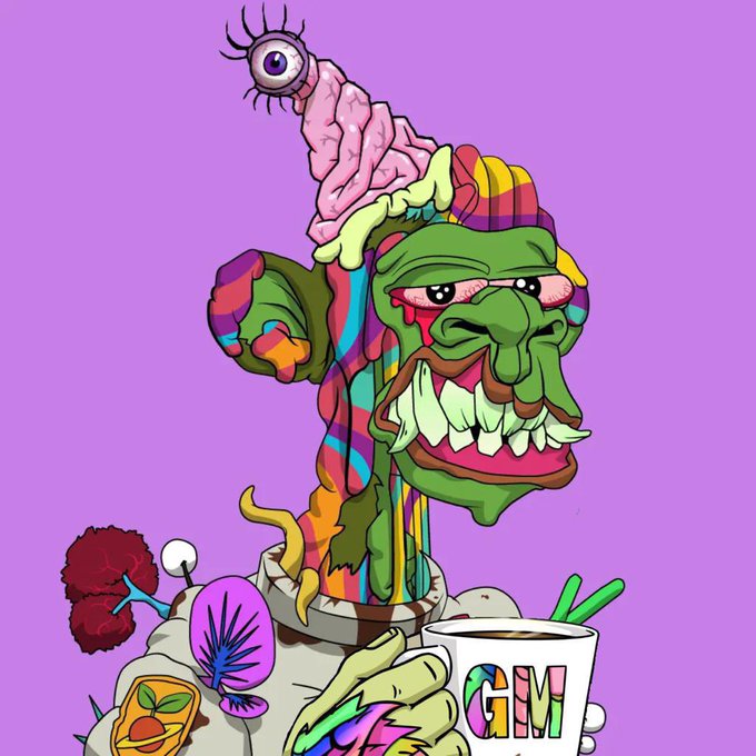 A green-skinned, wild-haired goblin-like character with an exposed brain topped by a large eyeball wears a rainbow hat and sips from a "GM" mug, perfectly matching the relaxed, trippy weekend vibe of the post.