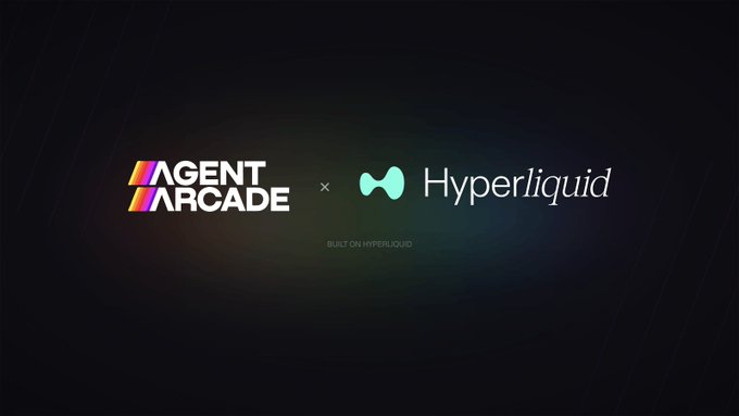 The image shows a partnership announcement graphic featuring the "Agent Arcade" logo alongside the "Hyperliquid" logo, with the text "BUILT ON HYPERLIQUID" displayed beneath them on a dark background. This visual reinforces the post's message by showcasing the official collaboration between Agent Arcade and Hyperliquid, emphasizing that Agent Arcade is a new application built on the Hyperliquid protocol to drive ecosystem growth and user profitability.