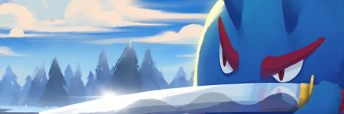 An illustration featuring a stylized blue character with red eyes looking over a snowy landscape toward a range of snow-capped mountains under a partly cloudy sky.
