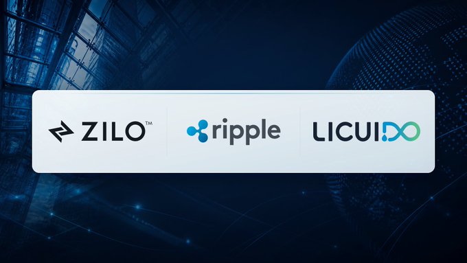 A dark blue graphic with architectural and globe elements displays three company logos side by side: "ZILO" with a rightward arrow icon, "ripple" with its blue circular logo, and "LICUI" alongside an infinity symbol. The image visually represents Ripple's equity investments in ZILO and Licui, two infrastructure-focused companies highlighted in the post as key players in resolving institutional tokenization's operational bottlenecks.