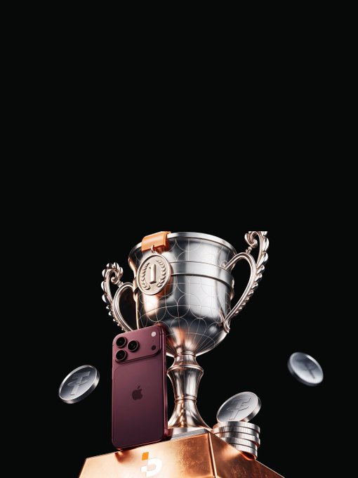 A silver trophy with a coin emblem sits atop a copper-colored block beside a red iPhone, surrounded by floating silver coins against a black background.