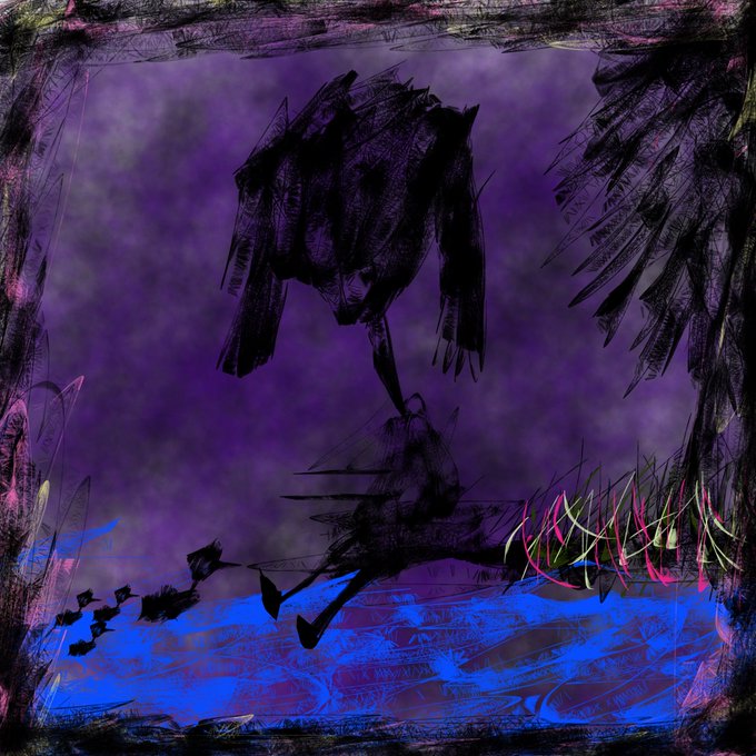 A dark, sketchy illustration of a menacing shadowy figure with sharp claws looming over a blue surface with pink flame-like accents.