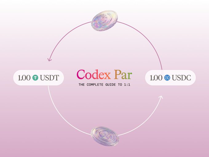 The image illustrates Codex Par's 1:1 USDT-to-USDC conversion process, showing an arrow circling between "1.00 USDT" and "1.00 USDC" with the text "Codex Par - THE COMPLETE GUIDE TO 1:1" at the center, visually representing the seamless token swap described in the post.