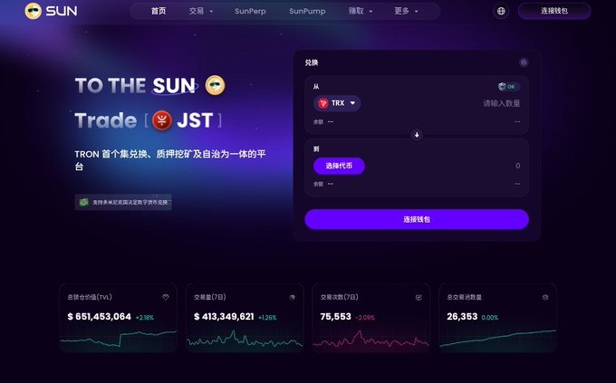 The image shows the homepage of Sun.io, a TRON-based decentralized exchange platform, featuring a promotional banner reading "TO THE SUN Trade JST" alongside a swap interface for TRX and statistics showing $651,453,064 in total TRX value locked (up 2.55%) and $413,349,621 in 7-day trading volume (up 1.20%), directly reinforcing the post's "To the SUN" message by showcasing the platform's crypto trading hub.