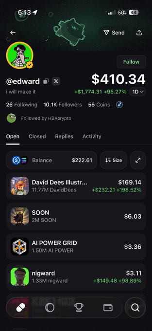 The image shows a trading profile for user "@edward" with a balance of $222.61 and holdings including "David Dees Illustr..." ($169.14), SOON ($6.03), AI POWER GRID ($3.36), and nigward ($3.11). It relates to the post by highlighting Edward's modest $410.34 portfolio that has generated significant trading volume, suggesting he's a committed holder despite his small capital base.