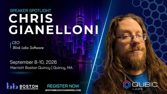 A 'Speaker Spotlight' banner for Chris Gianelloni, CEO of Blink Labs Software, at Boston Blockchain Week (September 8-10, 2026) at the Marriott Boston Quincy.
