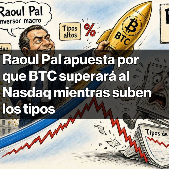 A cartoon illustration titled 'Raoul Pal apuesta por que BTC superará al Nasdaq mientras suben los tipos' (Raoul Pal bets BTC will outperform Nasdaq as interest rates rise), depicting Raoul Pal holding a Bitcoin rocket.