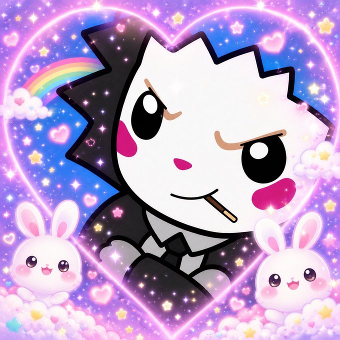 A cute cartoon character with spiky black and white hair making a smug expression, surrounded by a glowing pink heart, rainbows, stars, and two adorable white bunnies on a sparkly purple background.
