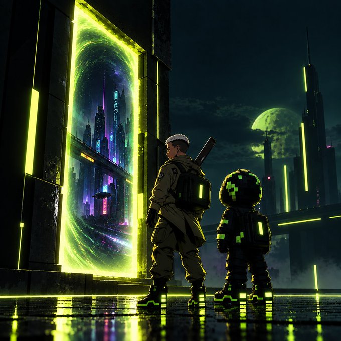 A cyberpunk-style digital artwork depicting two characters in military-style gear standing before a glowing green portal that reveals a neon-lit futuristic city, with skyscrapers and a moon visible in the background.