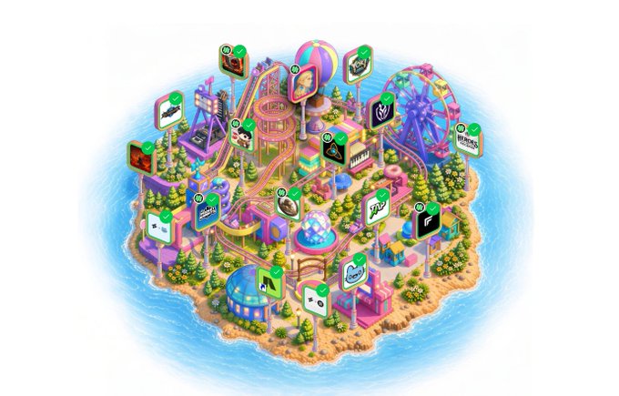 The image features a colorful cartoon-like island with various attractions such as a ferris wheel, roller coaster, and other amusement park rides. The island also has several signs scattered around, possibly advertising different attractions or events. The overall scene appears to be a fun and lively depiction of an amusement park, which is likely related to the post about farming on Soneium for those who are not.