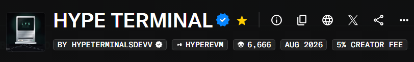 A black promotional banner for 'HYPE TERMINAL' featuring a retro computer graphic, with creator handle 'HYPETERMINALSDEVV', tags including 'HYPEREVM', '6,666', 'AUG 2026', and '5% CREATOR FEE'.