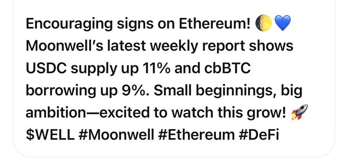 A tweet about Ethereum stating 'Encouraging signs on Ethereum! Moonwell's latest weekly report shows USDC supply up 11% and cbBTC borrowing up 9%' with hashtags $WELL #Moonwell #Ethereum #DeFi.