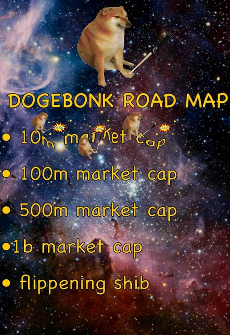 A humorous 'DOGEBONK ROAD MAP' meme featuring Shiba Inu dogs with light sabers against a galaxy background, listing market cap goals: 10m, 100m, 500m, 1b, and 'flippening shib'.